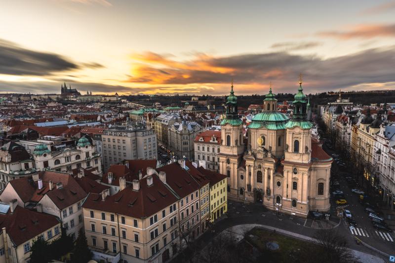 A picturesque cityscape at sunset in Prague.