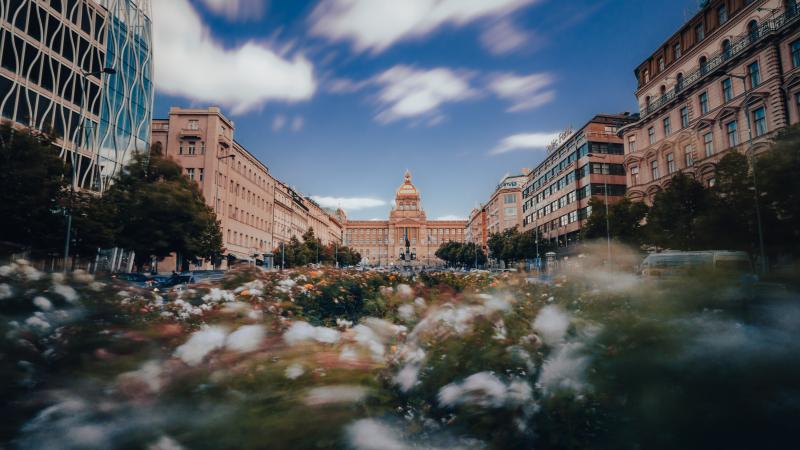 Neoclassical structure with a blur of flowers.