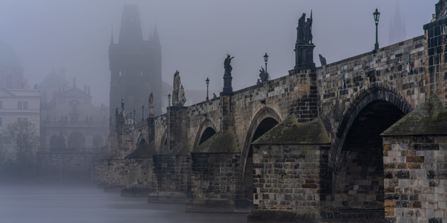 Charles Bridge covered in fog