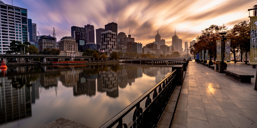 Southbank Sunrise with Melbourne under blurred clouds