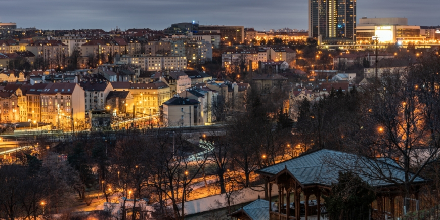 At dusk and overlooking the park to Prague 4