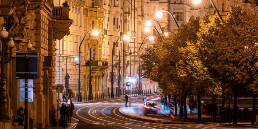 Night exposure of the tram tracks in Prague