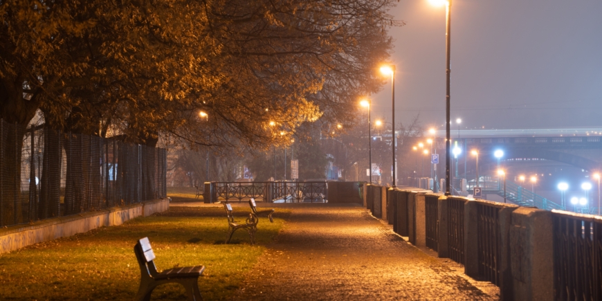 Walkway next to the Vltava river at night in Prague 5